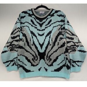 Arielle Vintage Horses Head Print Sweater Aqua Blue Black Gray Crew Neck Knit